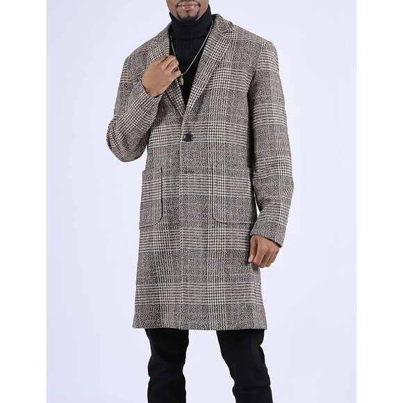 Men's Khaki Wool Blend Pea Coat Notched Collar Breasted Winter Trench Coat - Picture 2 of 8